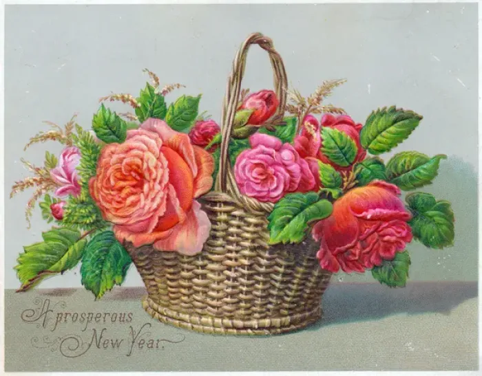 Framed Print : Basket of flowers on a New Year card Framed Print : Basket of flowers on a New Year card