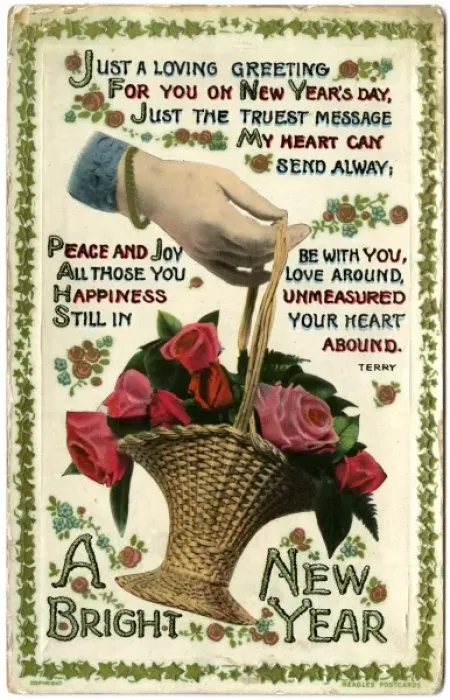Framed Print : Basket of flowers on a New Year postcard Framed Print : Basket of flowers on a New Year postcard