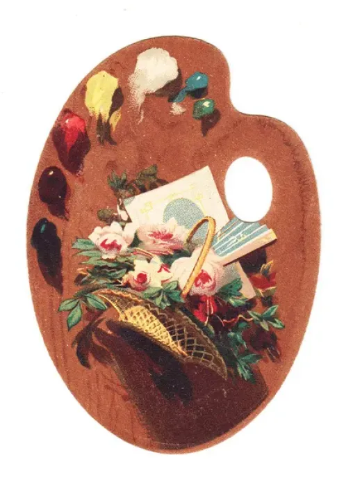 Framed Print : Basket of flowers on a palette-shaped greetings card Framed Print : Basket of flowers on a palette-shaped greetings card