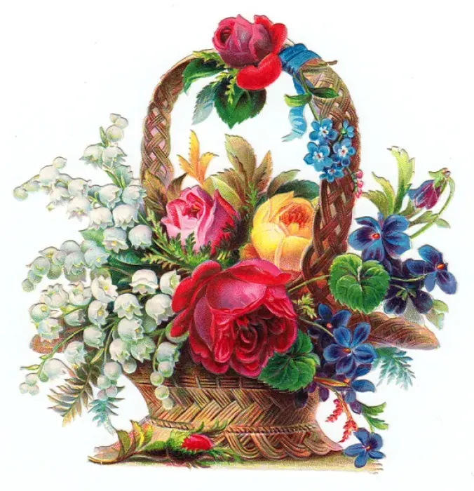Framed Print : Basket of flowers on a Victorian scrap Framed Print : Basket of flowers on a Victorian scrap
