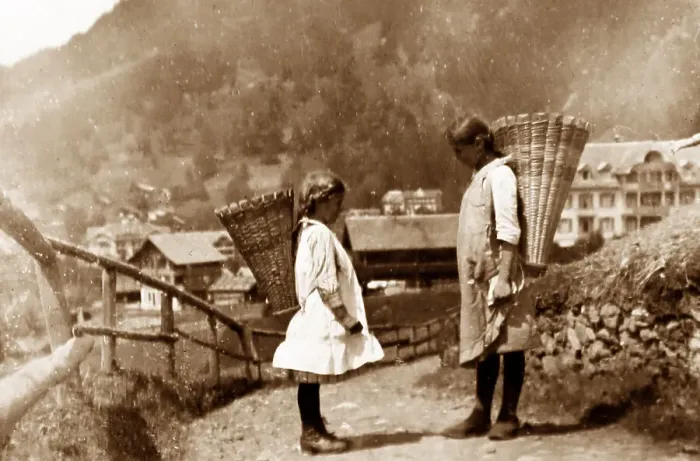 Framed Print : Two basket girls, Wengen, Switzerland, 1920s Framed Print : Two basket girls, Wengen, Switzerland, 1920s