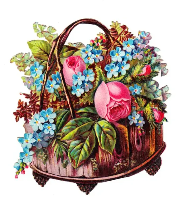 Framed Print : Basket of pink and blue flowers on a Victorian scrap Framed Print : Basket of pink and blue flowers on a Victorian scrap