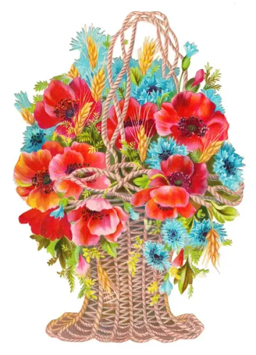 Framed Print : Basket of poppies and cornflowers on a Victorian scrap Framed Print : Basket of poppies and cornflowers on a Victorian scrap