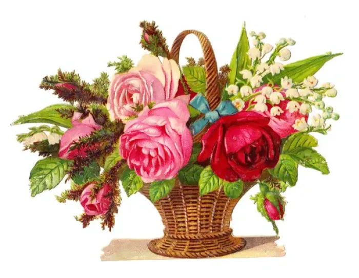 Framed Print : Basket of roses and lily of the valley on a Victorian scrap Framed Print : Basket of roses and lily of the valley on a Victorian scrap