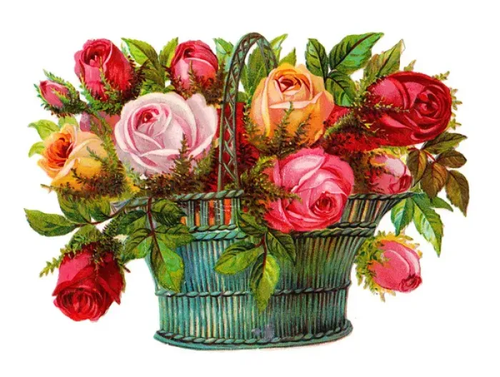 Framed Print : Basket of roses on a Victorian scrap Framed Print : Basket of roses on a Victorian scrap