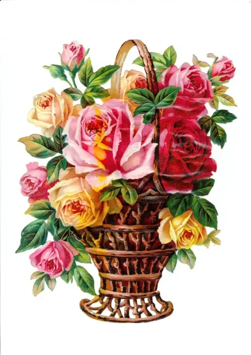 Framed Print : Basket of roses on a Victorian scrap Framed Print : Basket of roses on a Victorian scrap
