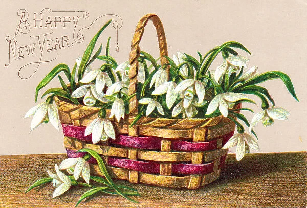 Basket of snowdrops on a New Year card
