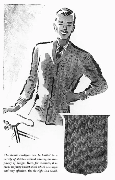 Framed Print : Basket stitch mens cardigan, circa 1941 Framed Print : Basket stitch mens cardigan, circa 1941