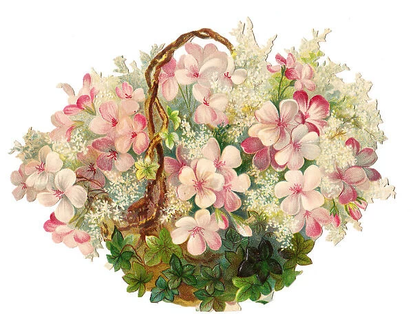 Basket of white and pink flowers on a Victorian scrap