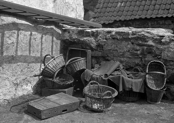 Baskets by a cottage wall, Scotland