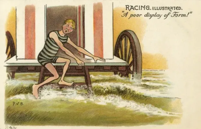 Framed Print : Bather afraid to take a dip - Comic postcard Framed Print : Bather afraid to take a dip - Comic postcard