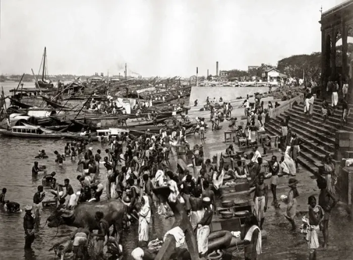 Framed Print : Bathin in a river, India, circa 1880s Framed Print : Bathin in a river, India, circa 1880s