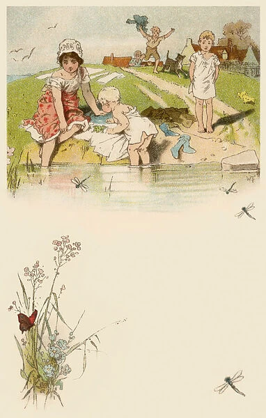 Bathing - Group of children bathing and looking at frogs and dragonflies