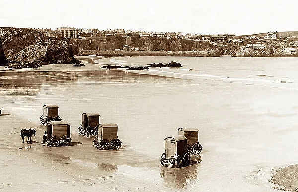 Bathing machines at Newquay, Cornwall, Victorian period