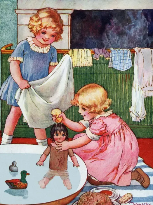Framed Print : Bathing the new doll Framed Print : Bathing the new doll