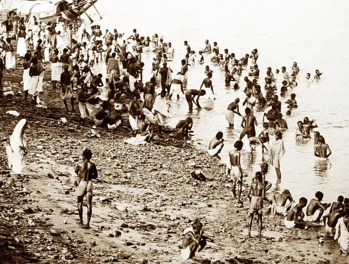 Framed Print : Bathing in the River Ganges, India, Victorian period Framed Print : Bathing in the River Ganges, India, Victorian period