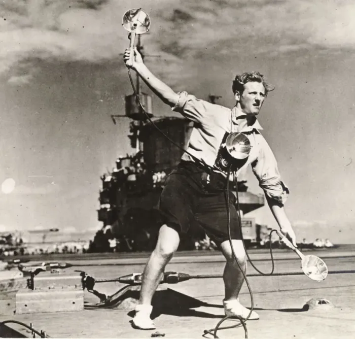 Framed Print : A Batsman on HMS Illustrious, c 1944 Framed Print : A Batsman on HMS Illustrious, c 1944