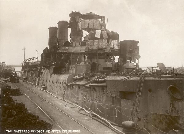 Battered cruiser HMS Vindictive after Zeebrugge Raid