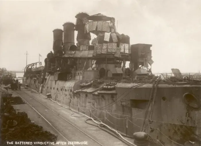 Framed Print : Battered cruiser HMS Vindictive after Zeebrugge Raid Framed Print : Battered cruiser HMS Vindictive after Zeebrugge Raid