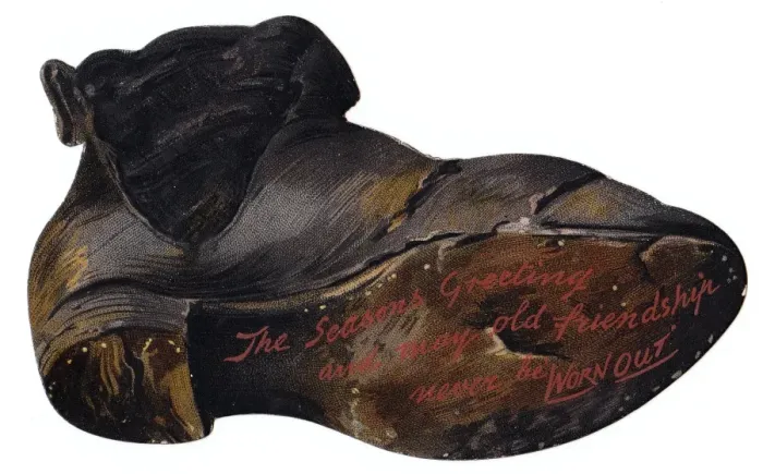 Framed Print : Battered old boot-shaped Christmas card Framed Print : Battered old boot-shaped Christmas card