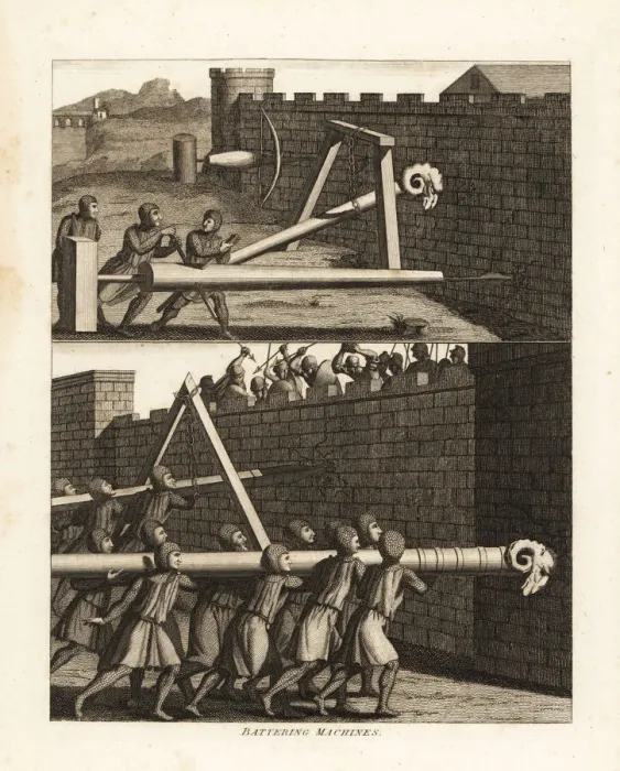 Framed Print : Battering rams attacking castle walls Framed Print : Battering rams attacking castle walls