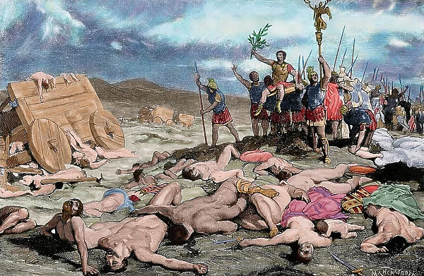 The Battle of Aquae Sextiae, 102 BC. Engraving. Colored