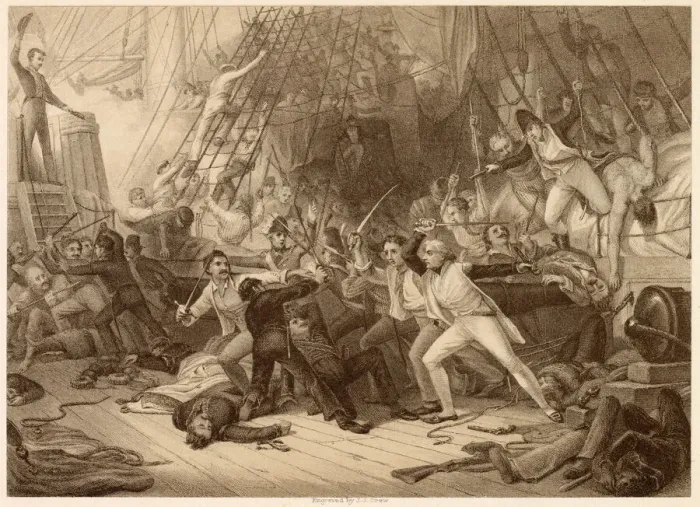 Framed Print : BATTLE OF CAPE ST VINCENT Nelson boards and takes the Spanish vessel San Josef
