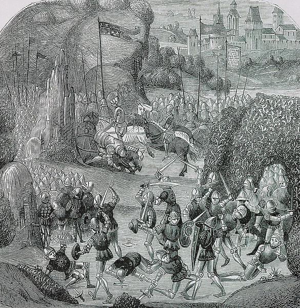Battle of Otterburn. August 5, 1388. Engraving