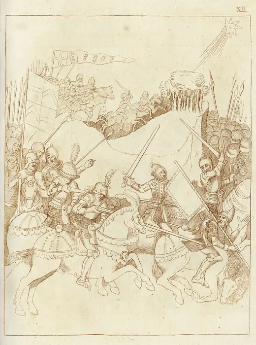 Framed Print : A battle between Richard Beauchamp, Earl of Warwick and the Welsh leader Owen Glendower; in the sky the stella comata (comet) that appeared in 1402, foreshadowing the war between England and Wales. Date: 1402 Framed Print : A battle between Richard Beauchamp, Earl of Warwick and the Welsh leader Owen Glendower; in the sky the stella comata (comet) that appeared in 1402, foreshadowing the war between England and Wales. Date: 1402