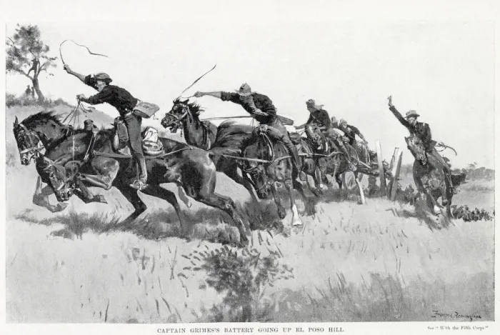 Framed Print : Battle of San Juan. Captain Grimes Battery going up El Poso Hill. Date: 1898 Framed Print : Battle of San Juan. Captain Grimes Battery going up El Poso Hill. Date: 1898