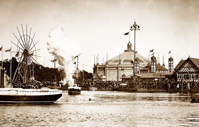 Framed Print : Battle ships in action, Royal Naval Exhibition Framed Print : Battle ships in action, Royal Naval Exhibition