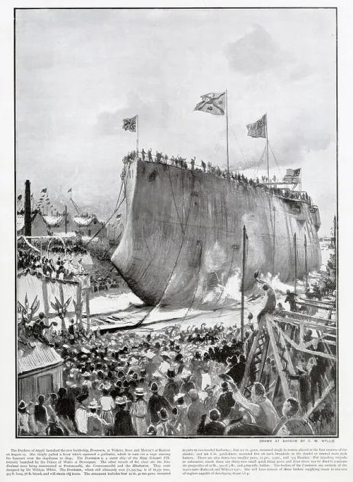 Framed Print : The battleship H.M.S. Dominion, christened by the Duchess of Argyll at Vickers, Sons and Maxim's at Barrow. Date: 25th August 1903 Framed Print : The battleship H.M.S. Dominion, christened by the Duchess of Argyll at Vickers, Sons and Maxim's at Barrow. Date: 25th August 1903