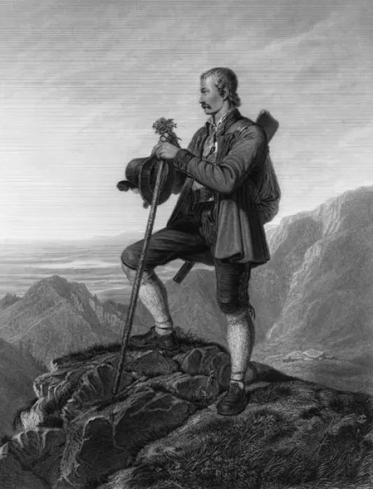 Framed Print : Bavarian Huntsman atop an Alpine Crag Framed Print : Bavarian Huntsman atop an Alpine Crag