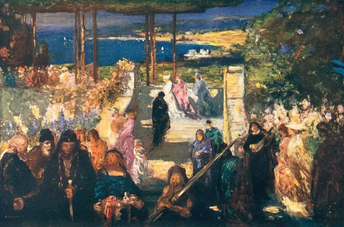 Framed Print : The Bay. This painting depicts an ongoing religious ceremony occurring on a bright Framed Print : The Bay. This painting depicts an ongoing religious ceremony occurring on a bright