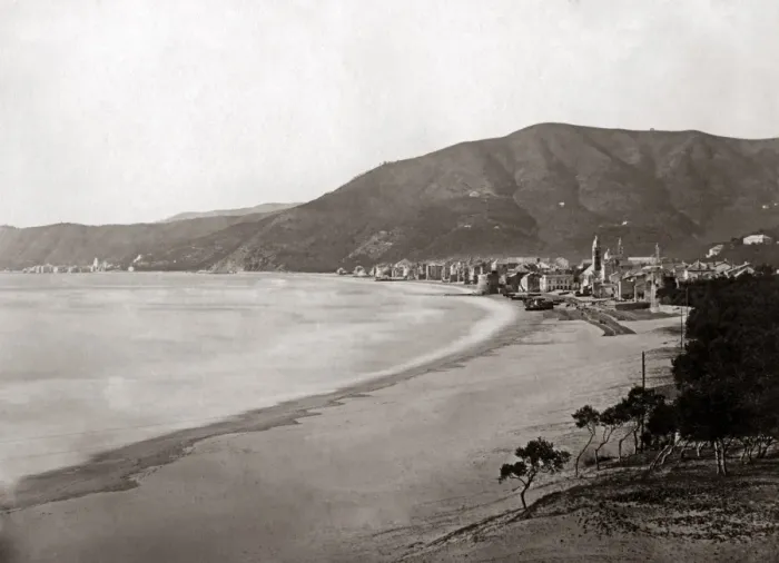 Framed Print : The beach at Alassio, Italy, circa 1890 Framed Print : The beach at Alassio, Italy, circa 1890
