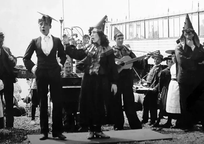 Framed Print : Beach entertainers, Portsmouth, early 1900s Framed Print : Beach entertainers, Portsmouth, early 1900s