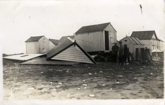 Framed Print : Beach Hut Gale Damage, Thought to be Lossiemouth, Morayshire Framed Print : Beach Hut Gale Damage, Thought to be Lossiemouth, Morayshire