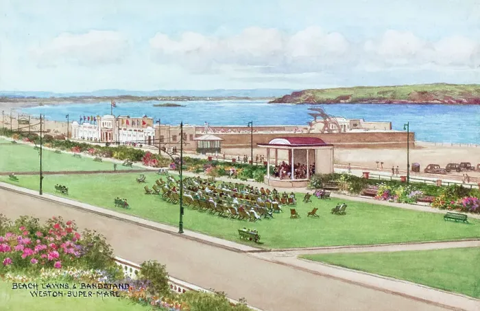 Framed Print : Beach Lawns and Bandstand, Weston-super-Mare, Somerset Framed Print : Beach Lawns and Bandstand, Weston-super-Mare, Somerset