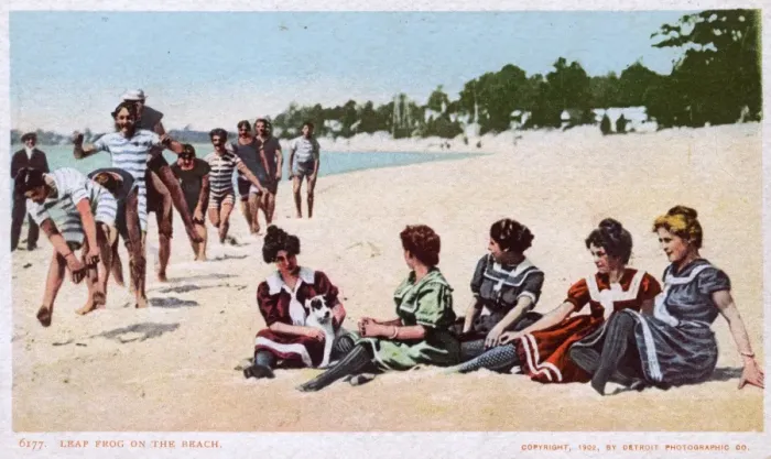 Framed Print : Beach scene, men playing leapfrog, women watching Framed Print : Beach scene, men playing leapfrog, women watching