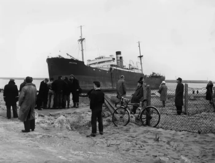 Framed Print : Beach scene with ship, South Shields Framed Print : Beach scene with ship, South Shields