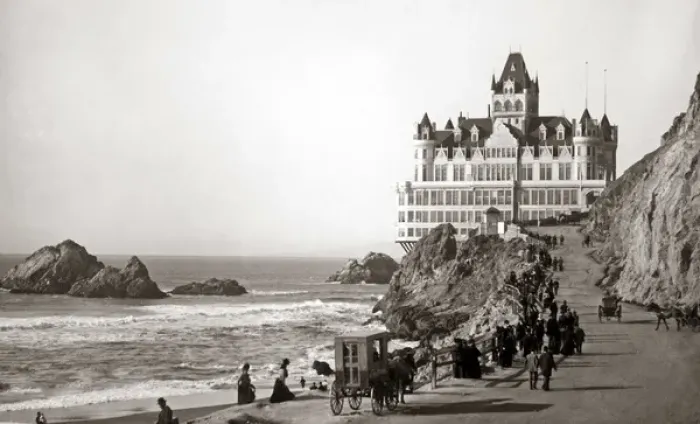 Framed Print : Beach, Seal Rocks and Cliff House, San Francisco, c1890s Framed Print : Beach, Seal Rocks and Cliff House, San Francisco, c1890s
