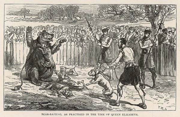 Bear Baiting C 16. Dogs are set on a bear, while two men with pikes stand