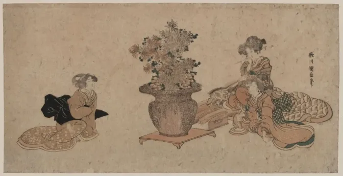 Framed Print : Three beauties admiring an arrangement of rikka flowers Framed Print : Three beauties admiring an arrangement of rikka flowers