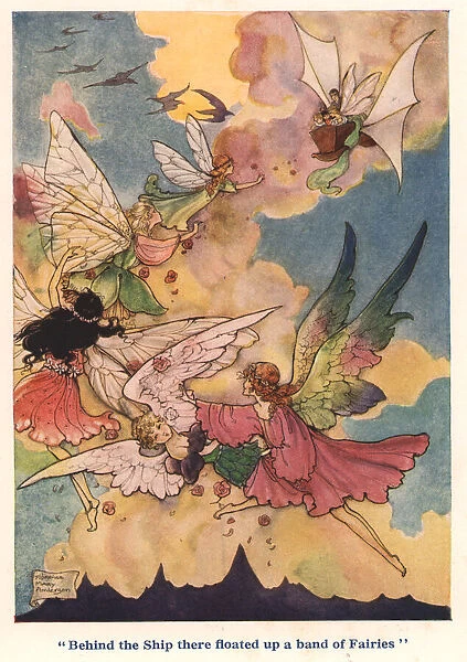 Beautiful illustration showing a group of rainbow-hued fairies following a ship sailing