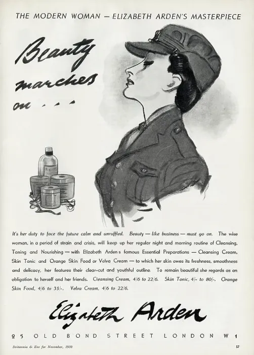Framed Print : Beauty marches on... WWII era advertisement for Elizabeth Arden featuring a woman smartly dressed in uniform. It's her duty to face the future calm and unruffled. Beauty - like business - must go on. Date: 1939