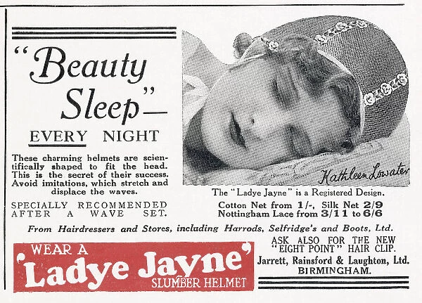 Beauty sleep every night'. Helmets that were scientifically shaped to fit the head. Date: 1932