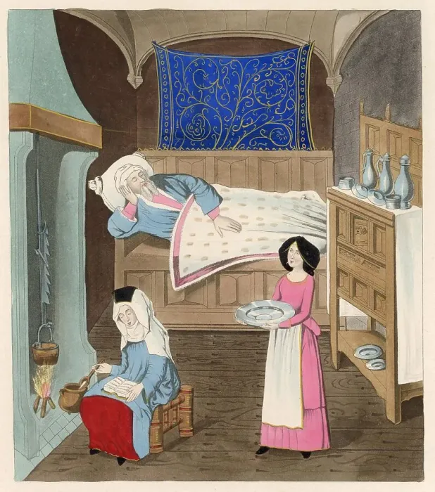 Framed Print : A bedchamber : an elderly man lies in bed, while his wife reads to him some comforting scriptures and a maidservant prepares to bring him some even more comforting hot soup Date: circa 1470 Framed Print : A bedchamber : an elderly man lies in bed, while his wife reads to him some comforting scriptures and a maidservant prepares to bring him some even more comforting hot soup Date: circa 1470
