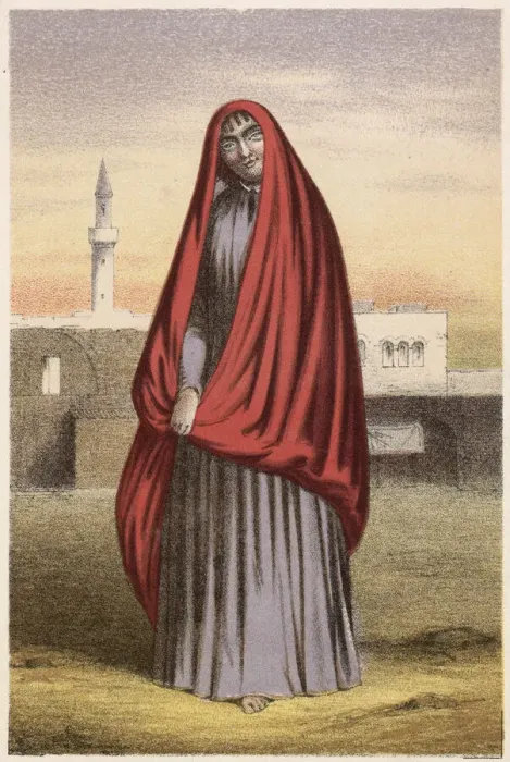 Framed Print : Bedouin woman in a red cloak Date: 19th century Framed Print : Bedouin woman in a red cloak Date: 19th century