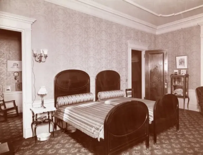 Framed Print : Bedrooms. Bedroom with two twin beds visible Framed Print : Bedrooms. Bedroom with two twin beds visible