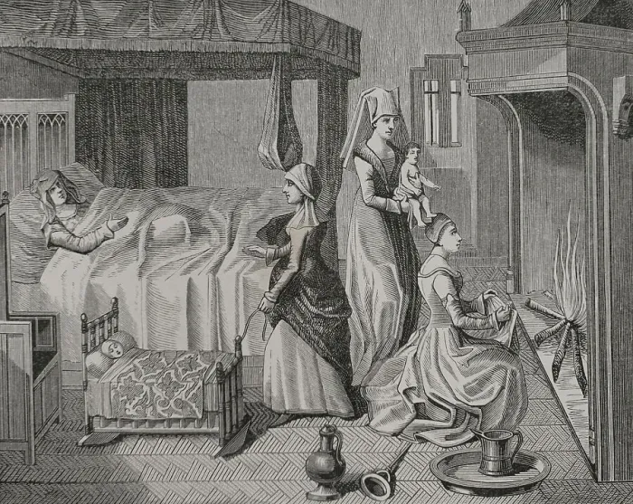Framed Print : The bedroom of a parturient. Facsimile of an engraving Framed Print : The bedroom of a parturient. Facsimile of an engraving